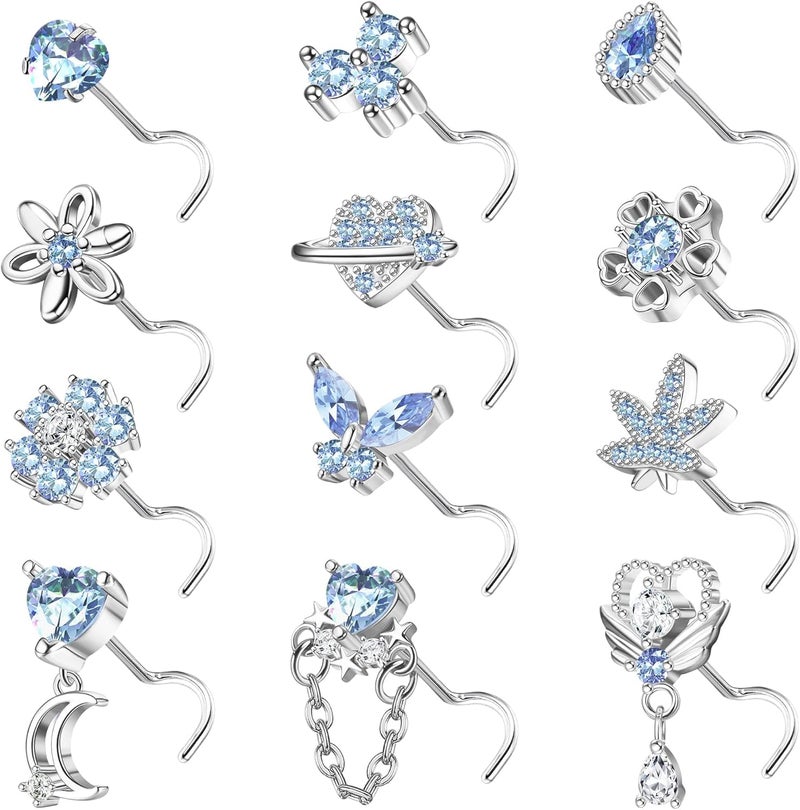Sanfenly 12 PCS 20G Nose Rings Surgical Stainless Steel, L Shaped Nose Studs for Women Men, CZ Heart Butterfly Flower Leaf Moon Dangle Cute Nose Piercings Studs Screw Jewelry Pink/Purple/Blue/Clear - Image 1